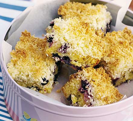 Blueberry lemon cake with coconut crumble topping