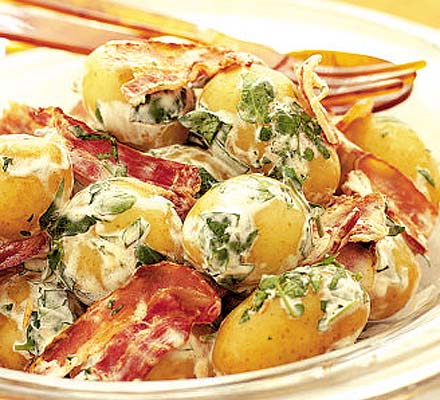 New potato, watercress & bacon salad with soured cream dressing
