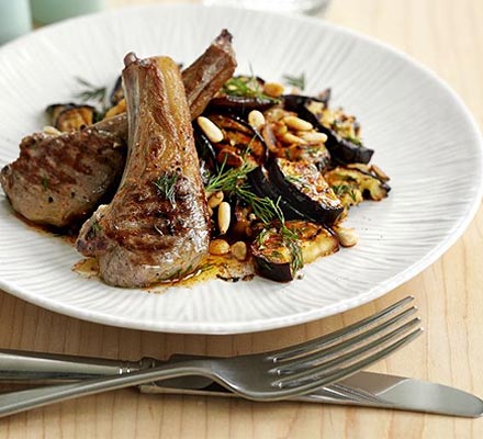 Lamb chops with smoky aubergine salad