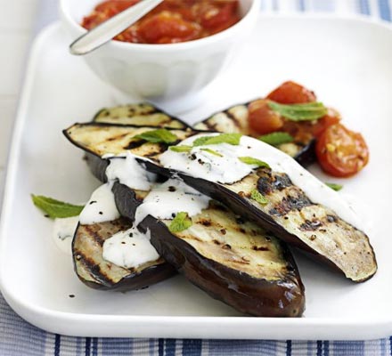 Aubergine with yogurt & tomato sauces