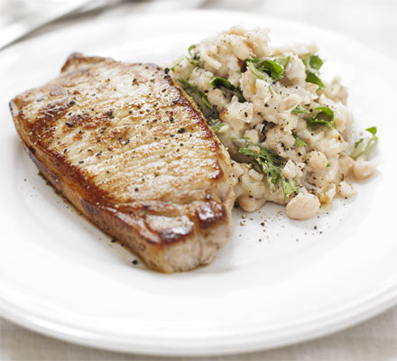 Pork with garlicky bean mash