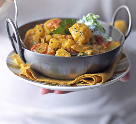 Potato curry with lime & cucumber raita