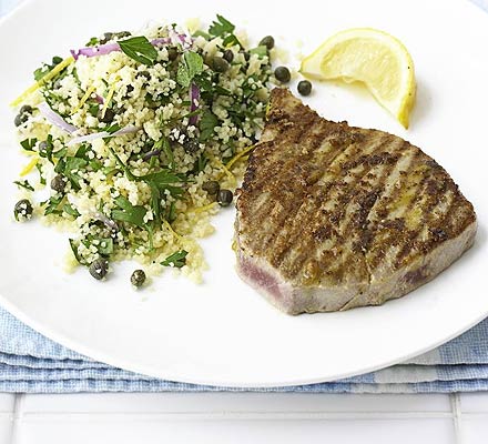 Hot mustard tuna with herby couscous