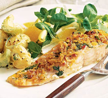 Roast salmon with spiced coconut crumbs