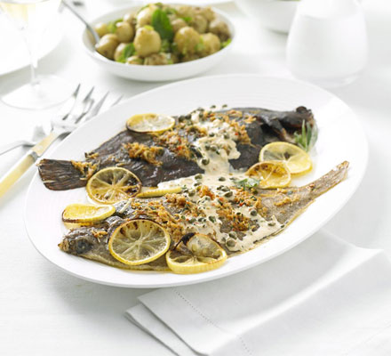 Lemon sole with crab & tarragon butter sauce