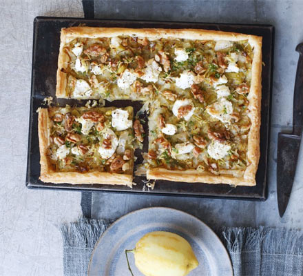 Leek, goat’s cheese, walnut & lemon tart