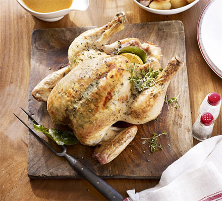 Lemon & thyme butter-basted roast chicken & gravy