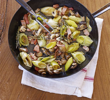 Leeks with bacon & mushrooms