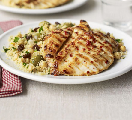 Lemon chicken with fruity olive couscous