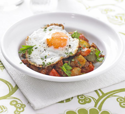 Potato, pepper & chorizo stew with fried eggs