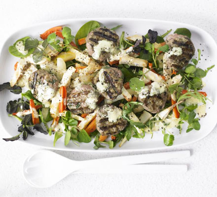 Turkey patty & roasted root salad with Parmesan dressing