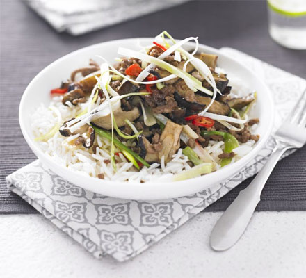 Spicy beef, shiitake & aubergine stir-fry