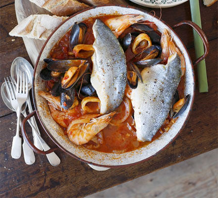 Sea bass & seafood Italian one-pot