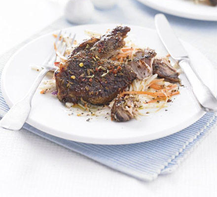 Fennel-crusted pork chops with winter celeriac slaw