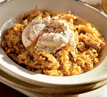 Spiced rice with kippers & poached eggs