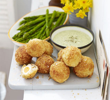 Mini smoked haddock Scotch eggs with asparagus dippers & watercress mayonnaise