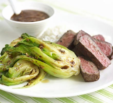 Five-spice beef with black bean sauce & bok choi