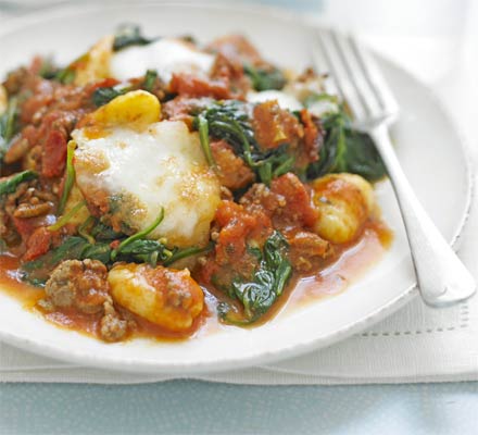 Gnocchi bolognese with spinach