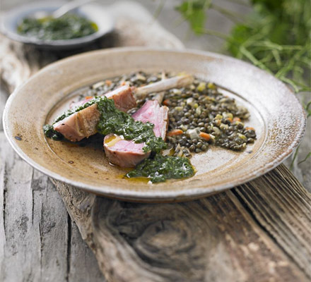 Rack of lamb with lentils & Jack-by-the-hedge sauce