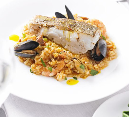 Roast cod with paella & saffron olive oil