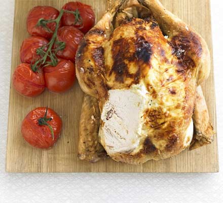 Herby cheese roast chicken & baked tomatoes