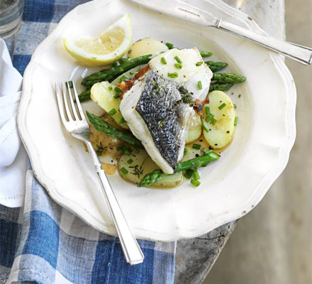 Sea bass with asparagus & Jersey Royals
