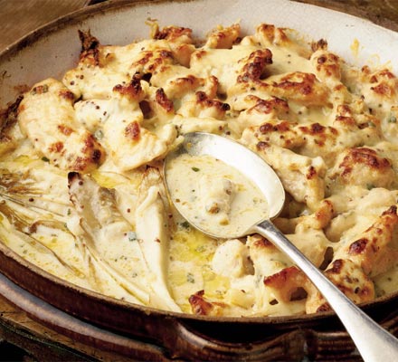 Baked chicory with chicken in a sage & mustard sauce