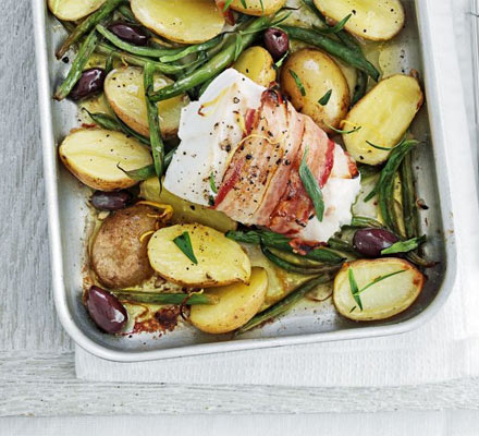 Pancetta-wrapped fish with lemony potatoes