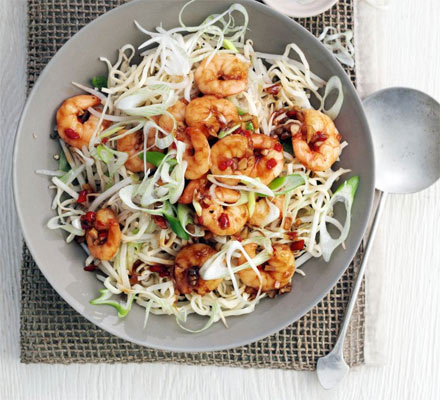 Garlic chilli prawns with sesame noodles