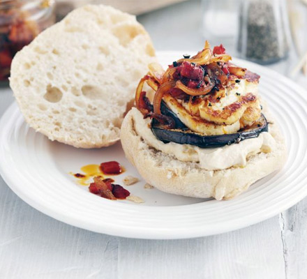 Halloumi aubergine burgers with harissa relish