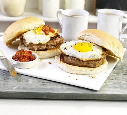 Sausage & egg baps with spicy tomato sauce