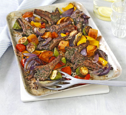 Herbed lamb cutlets with roasted vegetables