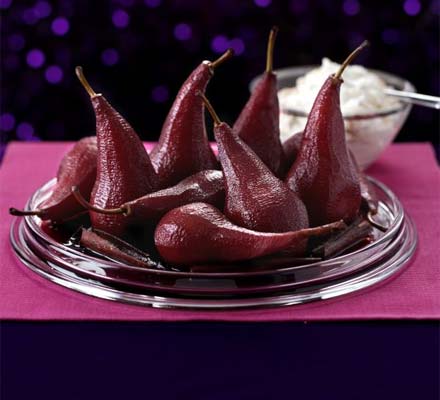 Pears in port with meringue cream