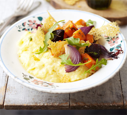 Polenta, roasted vegetables & peppered Parmesan crisps