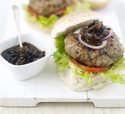 Sticky sausage burgers with blue cheese
