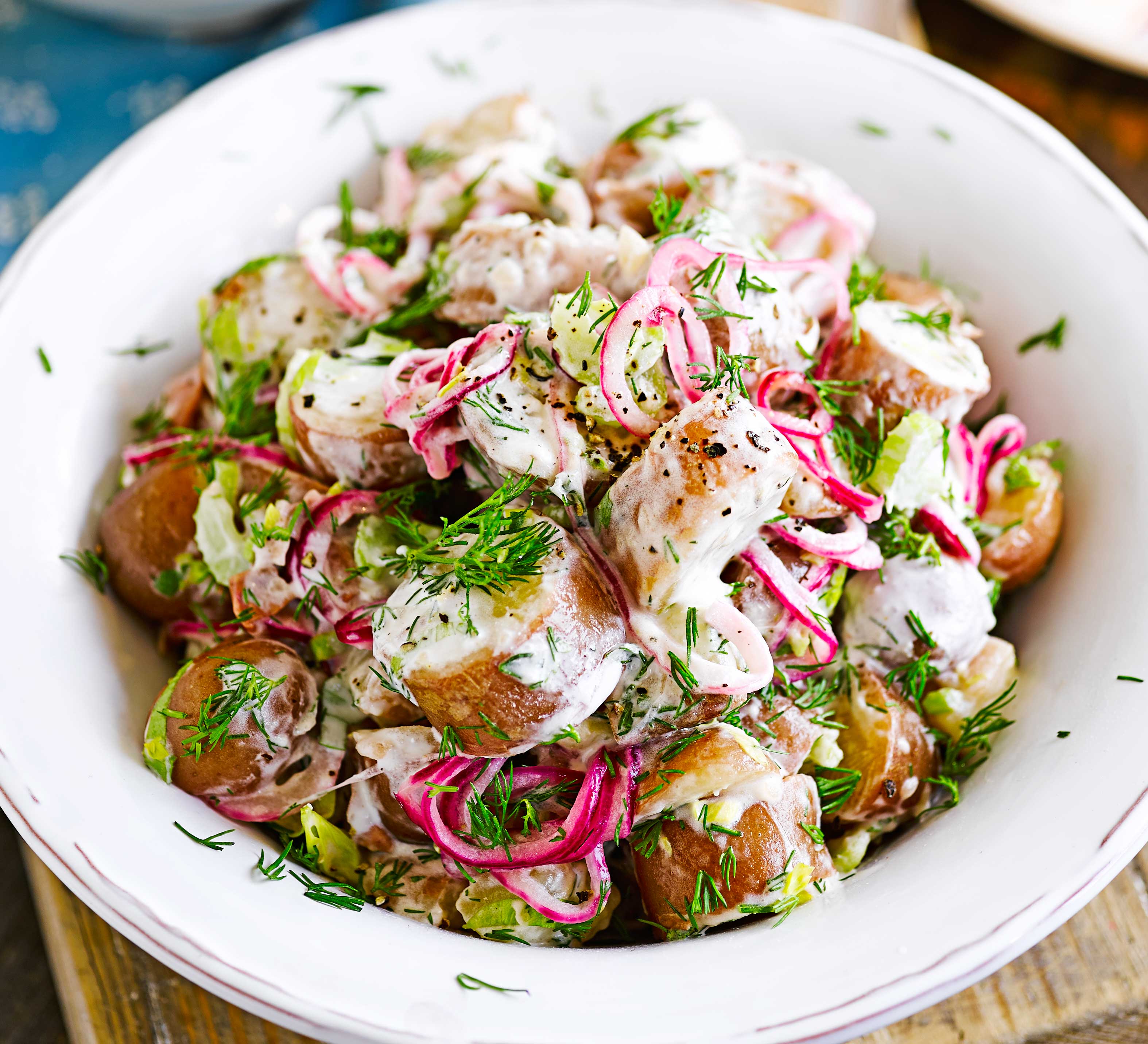 Red & white potato salad with pickled onions