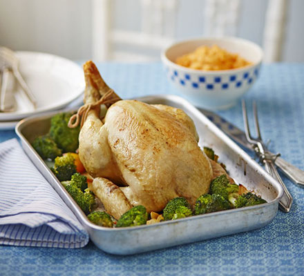 Lemon & garlic roast chicken with charred broccoli & sweet potato mash