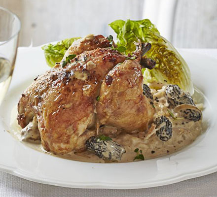 Roast poussins with wild mushroom sauce