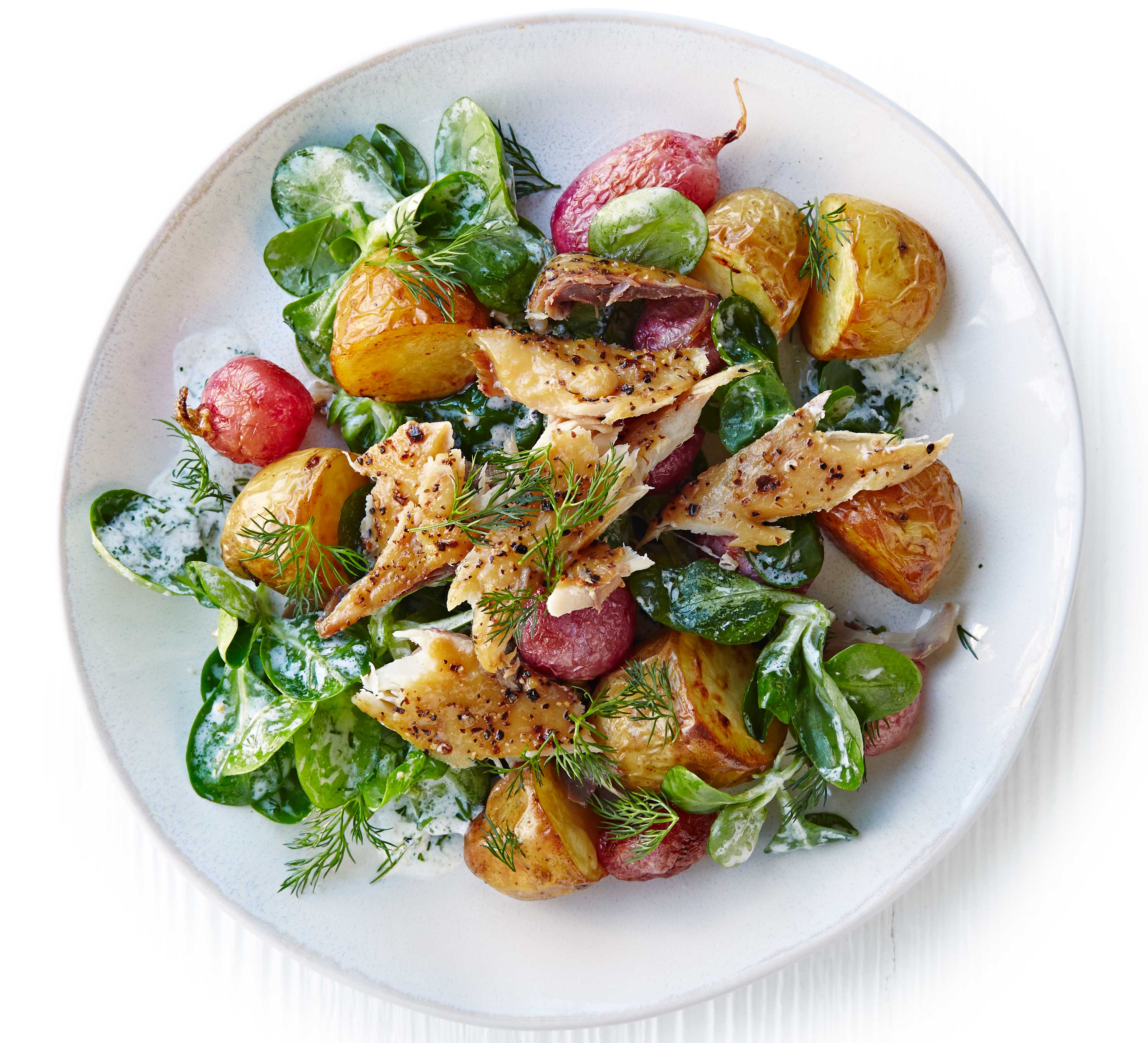 Roast radish, new potato & peppered mackerel salad