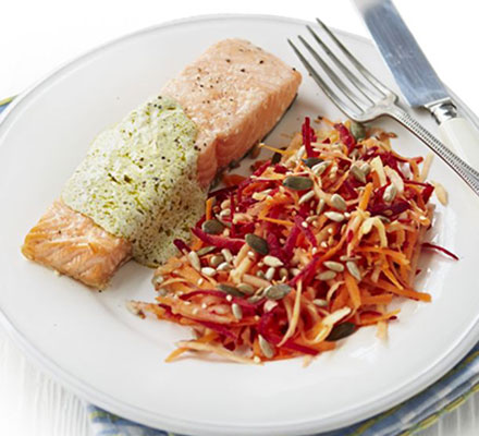 Roast salmon with pesto sauce & beetroot slaw