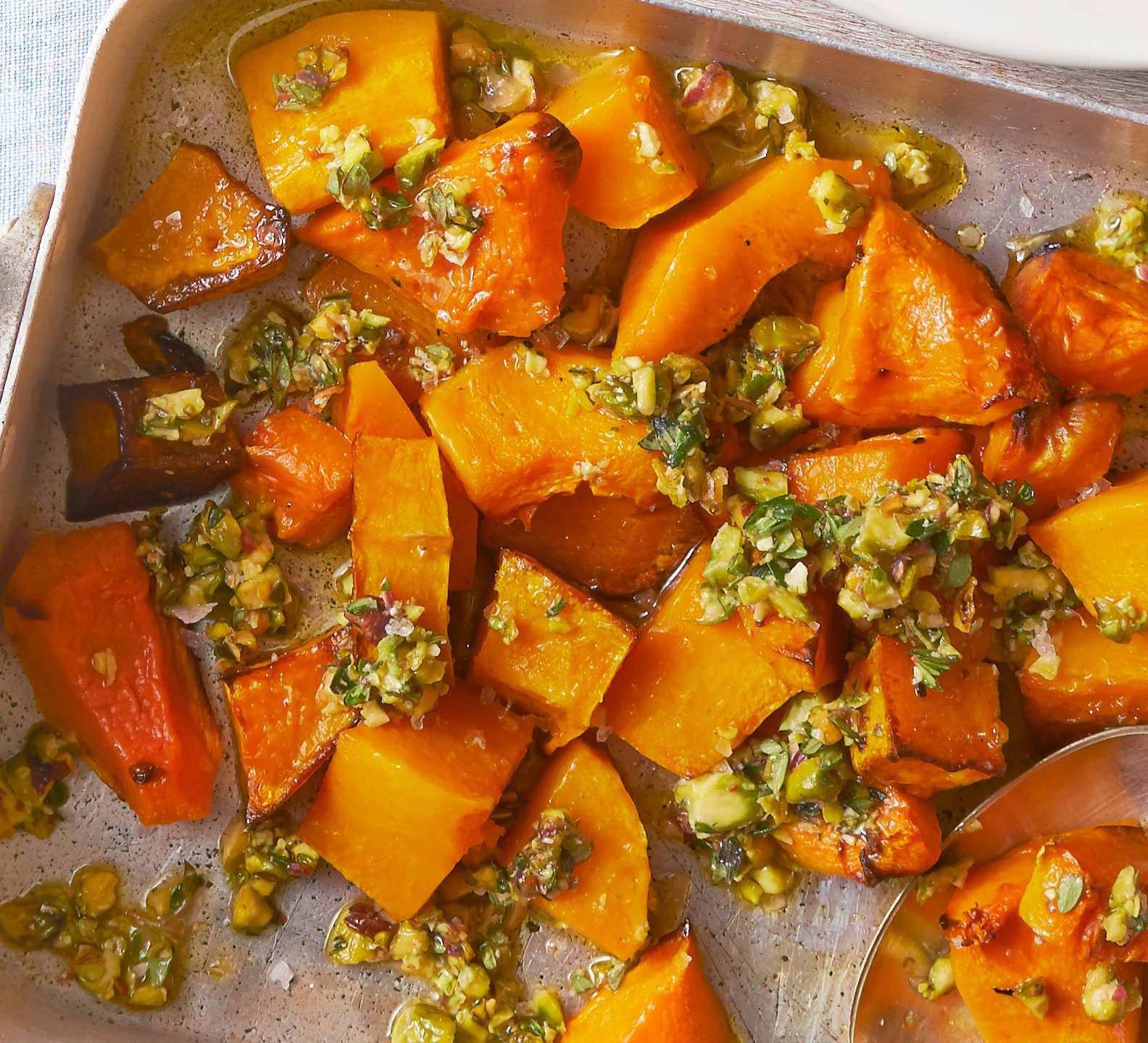 Roasted squash with crushed pistachios