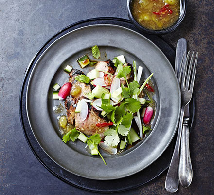 Asian barbecue pork salad with gooseberry dressing