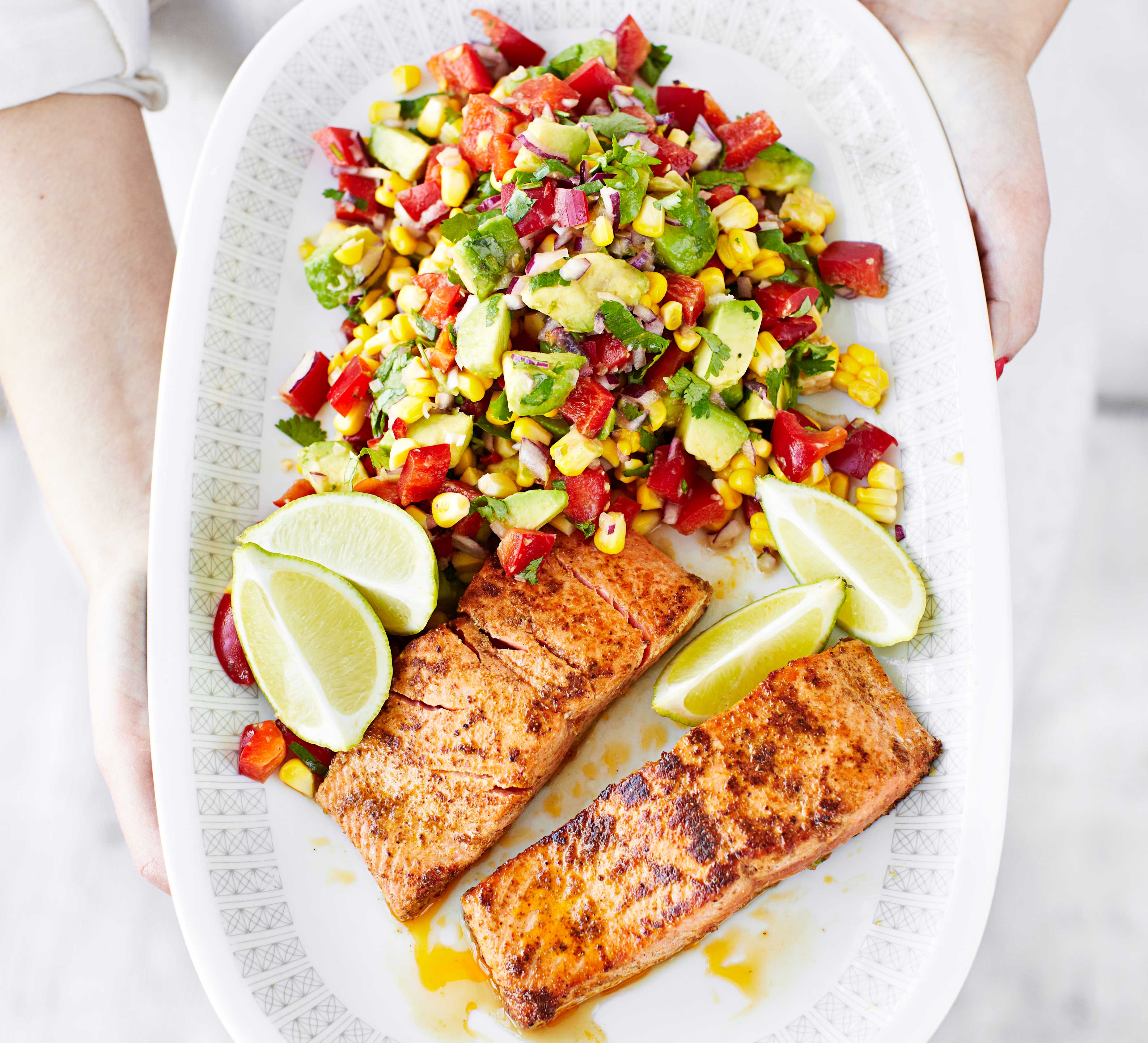 Wild salmon with corn & pepper salsa salad