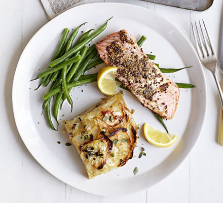 Salmon with celeriac gratin & green beans