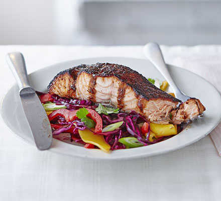 Sticky jerk salmon with mango slaw