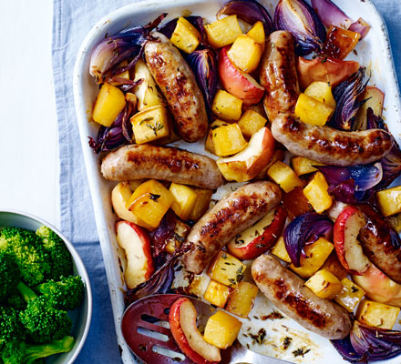 Sausage & maple swede traybake