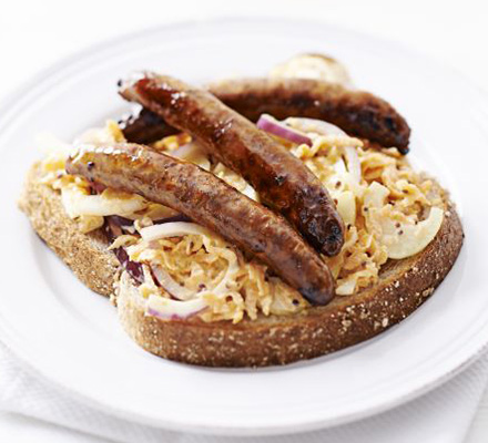 Sticky chipolata & fennel slaw open sandwiches