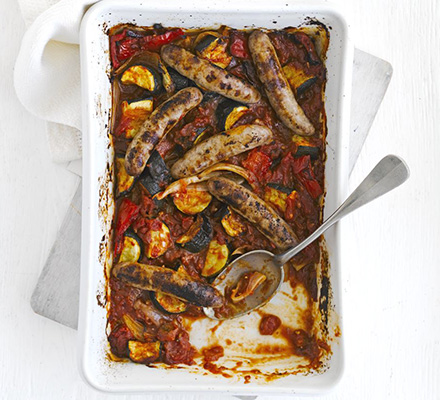 Oven-baked ratatouille & sausages