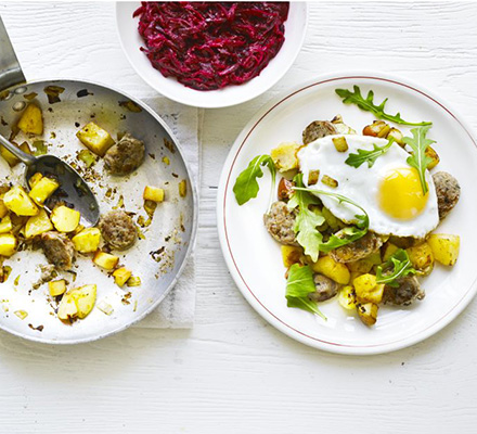 Scandi-style sausage hash with pickled beetroot