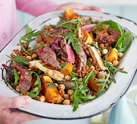 Seared beef, spelt & butternut salad